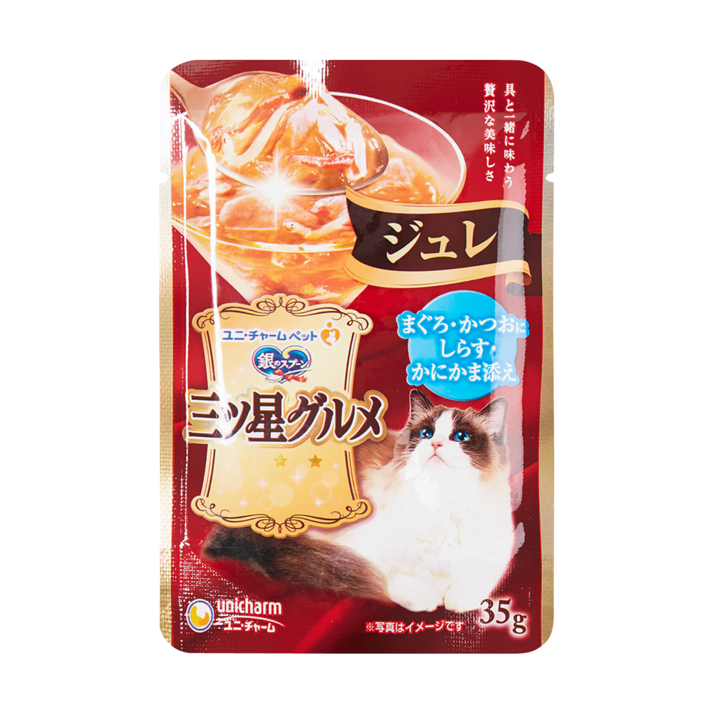 유니참 긴노스푼 미쓰보시 구루메 쥬레 참치&가다랑어&멸치&게맛살 파우치 35g